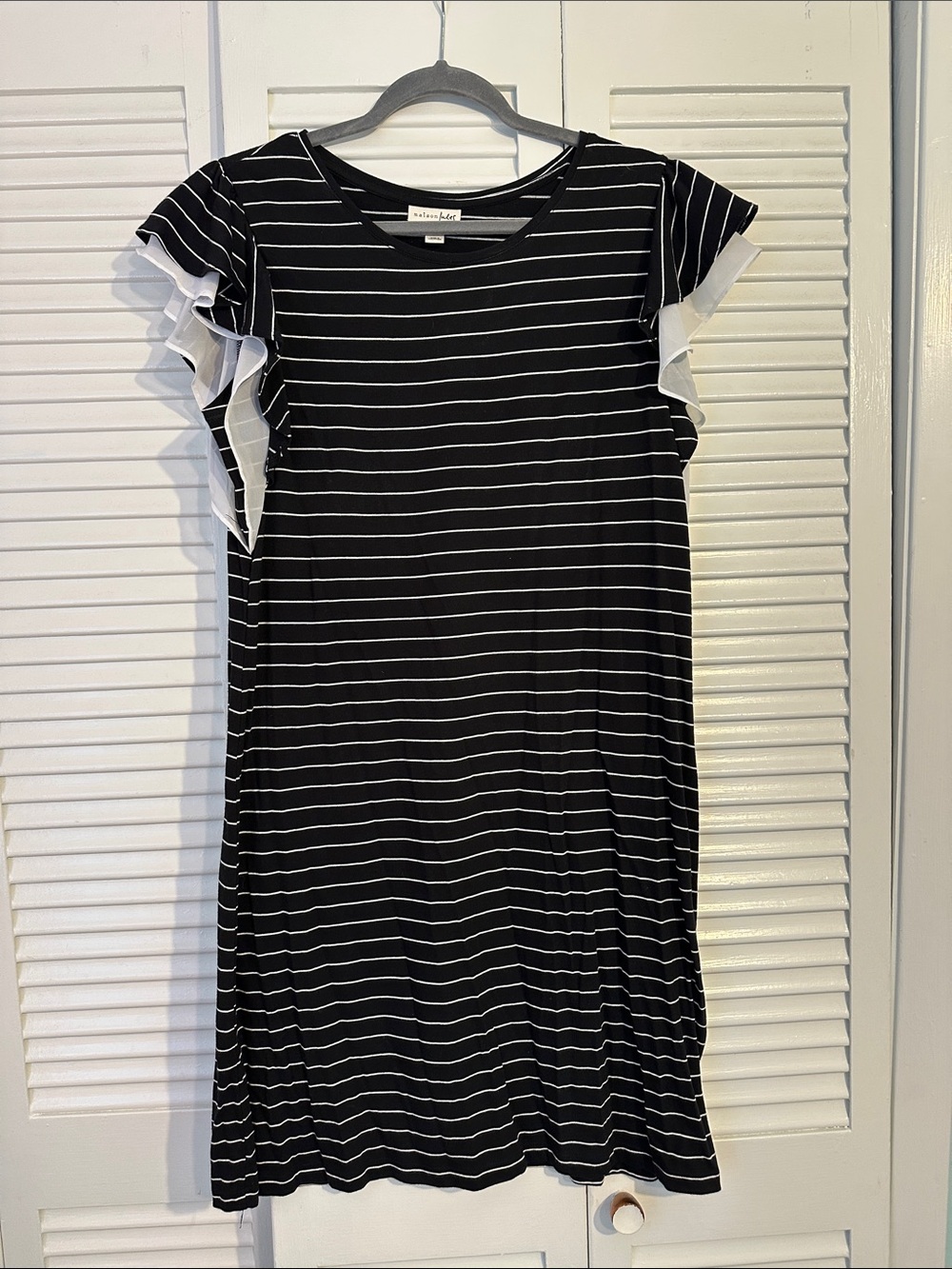 Maison Jules Black & White Striped Ruffle Sleeve Mini Dress